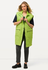 Grüne gesteppte ärmellose Weste mit hohem Kragen, zwei Reißverschlusstaschen und einem Reißverschluss, kombiniert mit schwarzen Hosen und Schuhen.