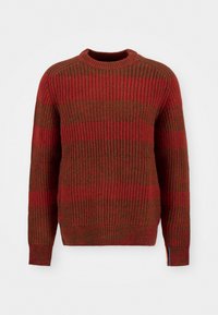 Gestrickter Pullover mit Rundhalsausschnitt in horizontalen roten und dunkelgrünen Streifen. Verfügt über gerippte Bündchen und Saum sowie einen mehrfarbigen Akzent am Ärmel.