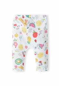 Fehér gyerek rövidnadrág, élénk színű gyümölcsöket, virágokat és állatokat ábrázoló játékos mintával, puha, rugalmas anyagból.