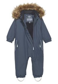 Mörkblå barnoverall med huva i fuskpäls, dragkedja framtill, två sidofickor, elastiska ärmmuddar och extra tygöglor vid fötterna.