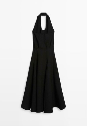 Sleeveless black halter-neck dress with fitted bodice and flared midi skirt, featuring an open back cutout.