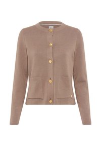 Beige cardigan made from soft knit fabric, featuring a round neck, five golden buttons, and two front pockets.