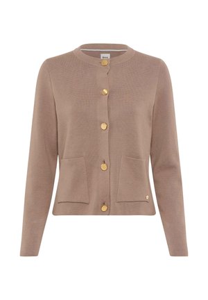 Beige Strickjacke aus weichem Gewebe, mit Rundhalsausschnitt, fünf goldenen Knöpfen und zwei vorderen Taschen.