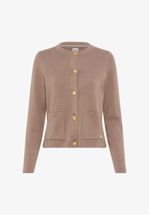 Beige cardigan made from soft knit fabric, featuring a round neck, five golden buttons, and two front pockets.