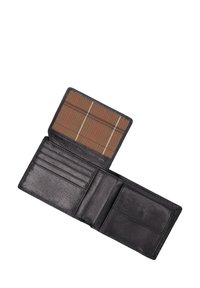 Black leather wallet with a textured finish. Inside features a brown and plaid pattern. Includes multiple card slots and a side pocket.