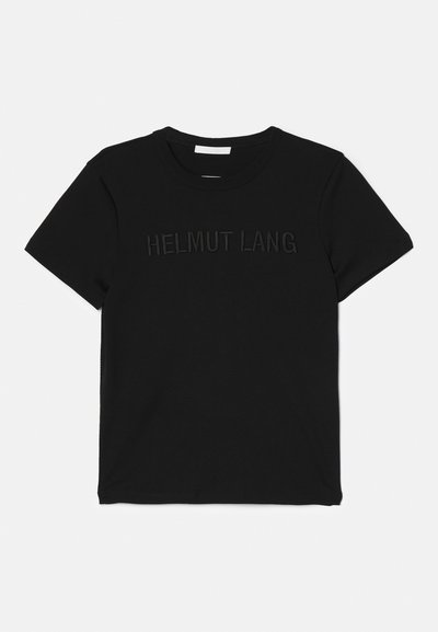 T-shirt de algodão preto com decote redondo e mangas curtas, apresentando a inscrição "HELMUT LANG" em relevo na parte da frente, com um design correspondente.
