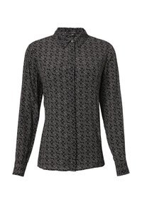 Schwarzes Langarmshirt mit einem aufwendigen weißen Wirbelmuster, einem kragenförmigen Ausschnitt und einer durchgehenden Knopfleiste im Slim-Fit Schnitt.
