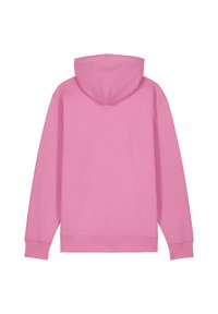 Roze hoodie met een buidelzak, lange mouwen en een trekkoord kap, gemaakt van zachte, gladde stof met ribbels op de manchetten.
