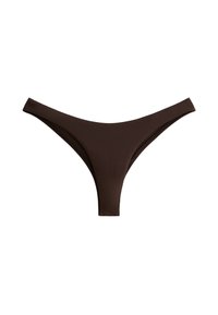 Rjav bikini spodnji del z brezšivno zasnovo, ozkimi stranmi in visokim izrezom na nogah. Narejen iz gladkega in raztegljivega materiala za udobje.