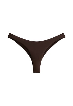 Mutandina marrone con un design senza cuciture, lati stretti e una gamba alta. Realizzata in tessuto morbido ed elastico per il massimo comfort.