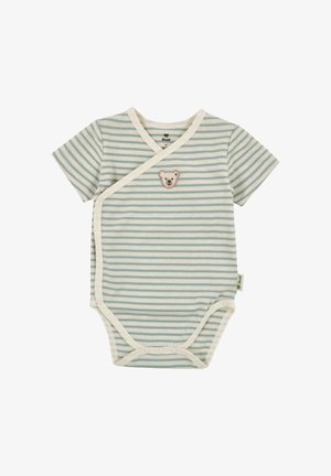 Kurzärmeliger Baby-Body mit hellblauen und weißen horizontalen Streifen, Druckknöpfen und einem kleinen Teddybär-Aufnäher auf der Brust.
