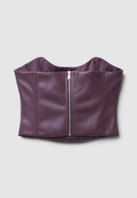 Top corsetto in pelle bordeaux con collo alto, chiusura frontale con zip e vestibilità strutturata, caratterizzato da dettagli in cucitura verticale.