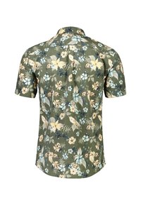 Camicia a maniche corte realizzata in tessuto con uno sfondo verde, caratterizzata da un motivo floreale in tonalità gialle e blu, e colletto classico.