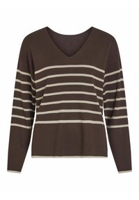 Pull en tricot marron à manches longues et col en V, avec des rayures horizontales crème, fabriqué dans un matériau doux avec une coupe décontractée.