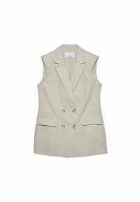 Beżowy bezrękawnik z podwójnym zapięciem na guziki, klapy z wycięciami oraz dwie przednie kieszenie. Wykonany z gładkiej tkaniny, o minimalistycznych detalach.