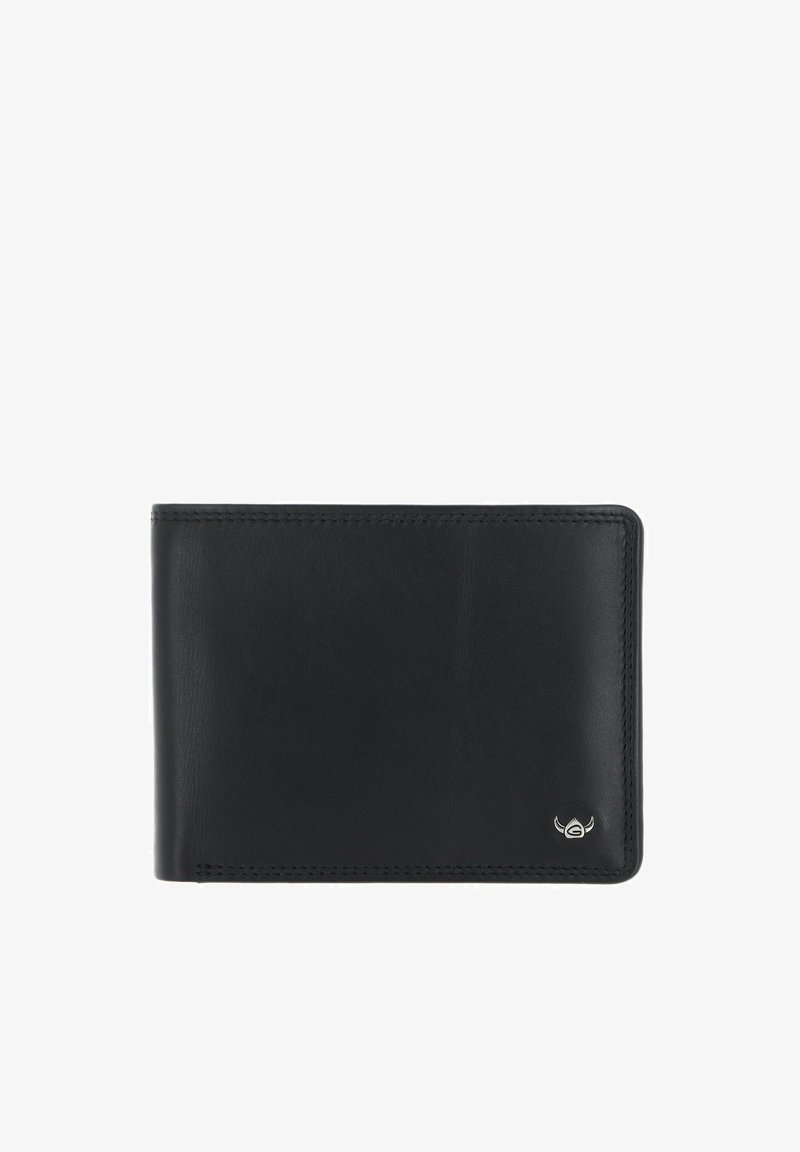 Portefeuille en cuir noir bifold avec coutures visibles et petit logo argenté dans le coin inférieur droit, sur fond blanc.