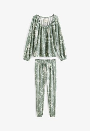 Šviesiai žalia pižamų komplektas su ilgomis rankovėmis viršumi, turinčiu surinktos apykaklės, ir derančiomis kelnėmis, abi puošniai dekoruotos baltomis gėlių raštais.