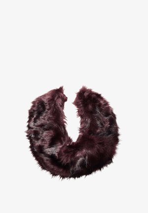 Burgundowy kołnierz z futra sztucznego o okrągłym kształcie, charakteryzujący się gęstą, miękką fakturą i nierówną powierzchnią, idealny do noszenia na warstwy.