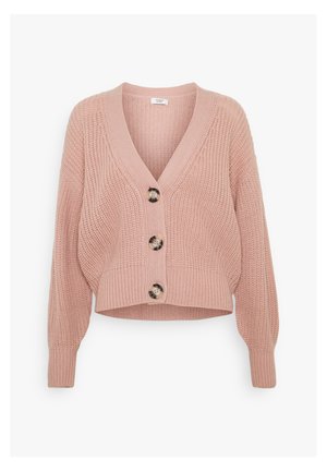 Rosa strikket cardigan med V-hals, tre store knapper foran og lange ermer. Korte design med ribbestrikket tekstur.