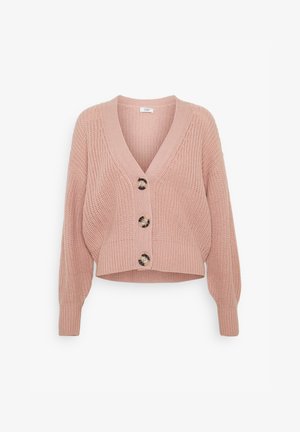 Roosa kudumine kardigan V-kaelusega, ees kolm suurt nuppu ja pikad varrukad. Lühendatud disain ribatekstuuriga.