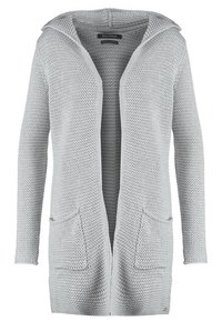 Světlounce šedý pletený cardigan s kapucí, otevřený vpředu a s dvěma předními kapsami. Texturovaný materiál poskytuje uvolněný vzhled.