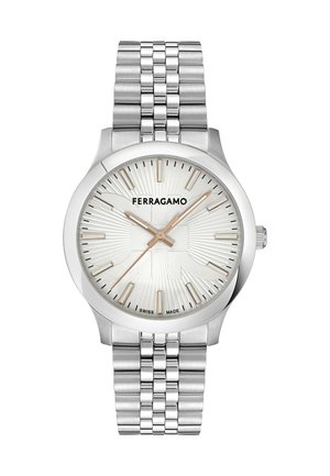 Silver Ferragamo wristwatch with a textured white dial, gold hour markers and hands, and a multi-link metal bracelet.