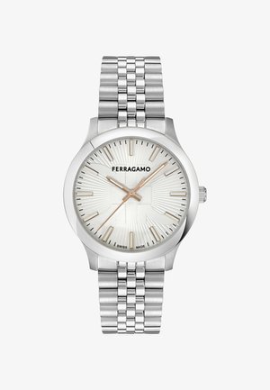 Silver Ferragamo wristwatch with a textured white dial, gold hour markers and hands, and a multi-link metal bracelet.