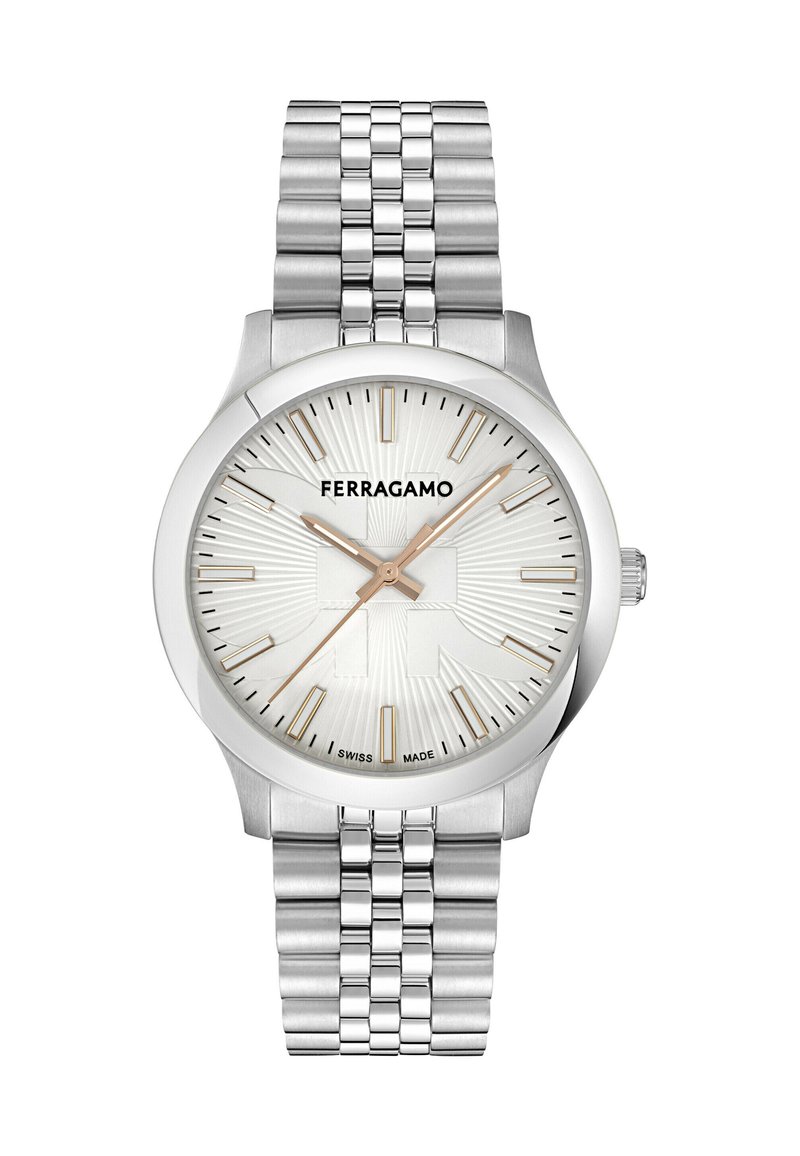 Silver Ferragamo wristwatch with a textured white dial, gold hour markers and hands, and a multi-link metal bracelet.