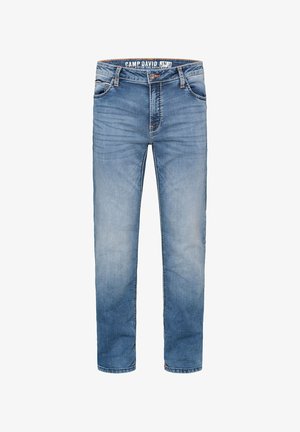 Jean trousers in light blue denim, straight cut, five-pocket design, with contrasting stitching and a button fly. Loose fit.