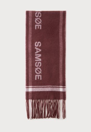 Écharpe bordeaux avec des rayures rose clair et des franges, avec le mot "SAMSOE" tissé verticalement sur toute la longueur.