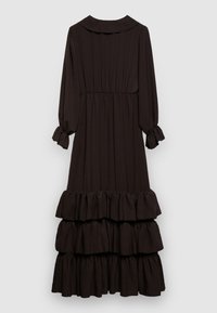 Dunkelbraunes, langärmeliges Kleid aus weichem Stoff. Verfügt über einen Kragen, elastische Rüschenärmel und einen stufigen Rüschen-Saum.