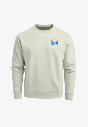 Light beige sweatshirt with long sleeves, crew neck, textured fabric, and a blue and orange logo featuring mountains on the left chest.
