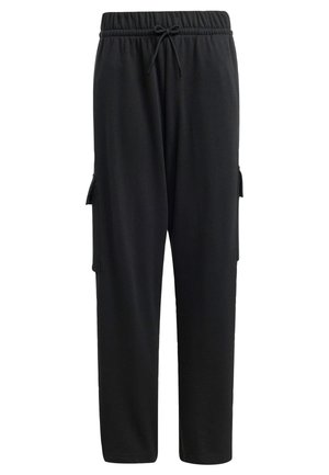 Svart cargo-bukser laget av et mykt, elastisk stoff. Funksjoner inkluderer en elastisk midje med snor og sidelommer.