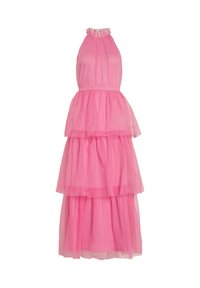 Roza tila obleka s halter izrezom, plastičnim dizajnom s tremi plastmi in nabranimi dodatki na izrezu in robu.