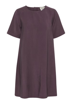 Korta ärmar klänning i ett ensfärgat djupt lila tyg, med rund halsringning, avkopplad passform och knäppning baktill.