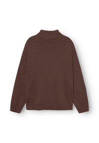Brązowy sweter z długim rękawem i golfem, z prążkowanym kołnierzem, mankietami i dołem, wyeksponowany na płasko na białym tle.