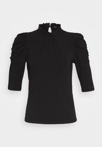 Top nero con collo alto, maniche corte a sbuffo e un delicato dettaglio arricciato. Realizzato in un tessuto liscio con una silhouette aderente.