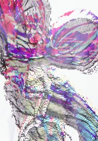 Multifarbiger Grafikdruck auf einem weißen Hintergrund, der abstrakte Formen in Lila, Pink und Türkis mit pixelierten Punkten zeigt.