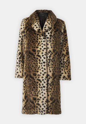 Leopard print faux fur coat featuring a wide collar, long sleeves, and a knee-length design with a soft, textured surface.
