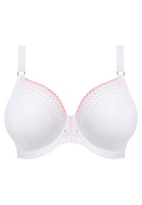 Witte bh met voorgevormde cups, decoratief stippenpatroon in lichtroze en grijs, verstelbare banden en een gladde satijnachtige textuur.