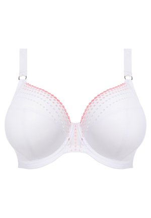 Reggiseno bianco con coppe modellate, motivo decorativo a pois in rosa chiaro e grigio, spalline regolabili e una superficie liscia simile al raso.