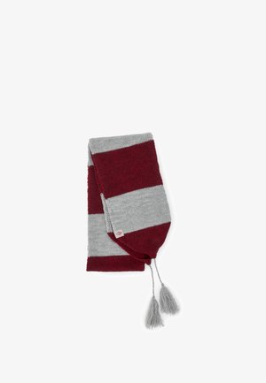Bufanda de punto con rayas alternadas en granate y gris, terminada con dos borlas grises en los extremos y una pequeña etiqueta con logo.