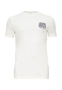 Witte katoenen T-shirt met korte mouwen en een ronde hals. Heeft op de borst een marineblauwe grafische tekst "ARTS & CRAFTS SERVICE 9302-309".