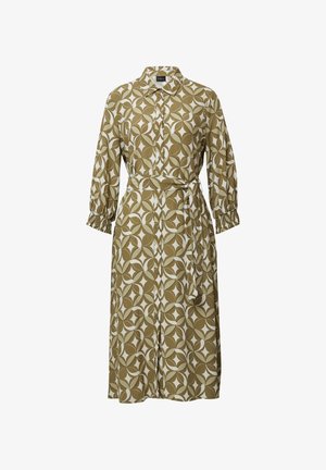 Grünes gemustertes Kleid mit Kragen, geknöpftem Vorderteil und einem Bindegürtel. Es verfügt über puffärmel mit elastischen Bündchen und ein florales geometrisches Design.