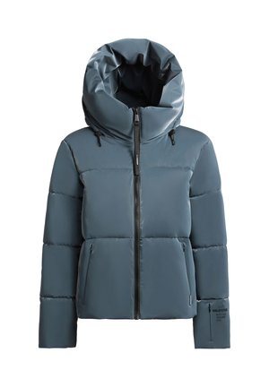 Gepluchede jas in leisteenkleur, met een hoge kraag en een verstelbare capuchon. Voorzien van een ritssluiting aan de voorkant en twee zijzakken. Textuur, gladde stof.