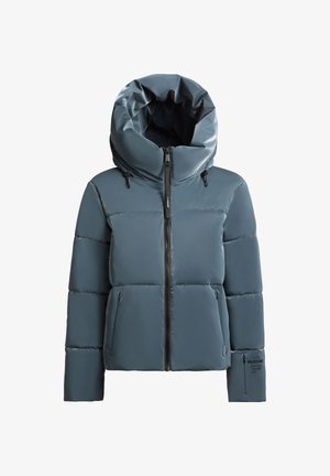 Gepluchede jas in leisteenkleur, met een hoge kraag en een verstelbare capuchon. Voorzien van een ritssluiting aan de voorkant en twee zijzakken. Textuur, gladde stof.