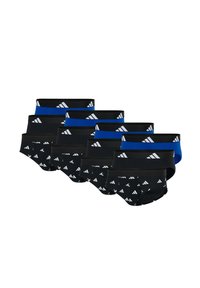 Mehrpack Herrenunterhosen in Schwarz und Blau mit weißem Adidas-Logo. Sie bieten eine enge Passform und einen elastischen Bund, der mit kleinen Logos gemustert ist.
