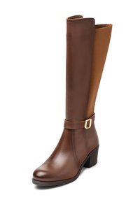 Bota de cuero marrón hasta la rodilla con un panel de tela beige, puntera redonda y tacón cuadrado. Presenta un detalle decorativo de correa y hebilla.