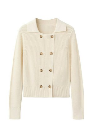 Cardigan tricotat de culoare crem, cu nasturi dubli de tip scoică de țestoasă, guler larg, manșete și talie dantelate.