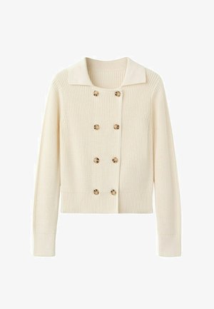Cardigan tricotat de culoare crem, cu nasturi dubli de tip scoică de țestoasă, guler larg, manșete și talie dantelate.